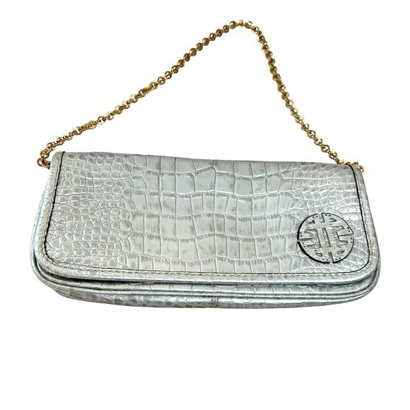 Antonio Melani Silver Leather Croc Embossed Shoulder Bag Metallic Maximalist - Picture 1 of 10